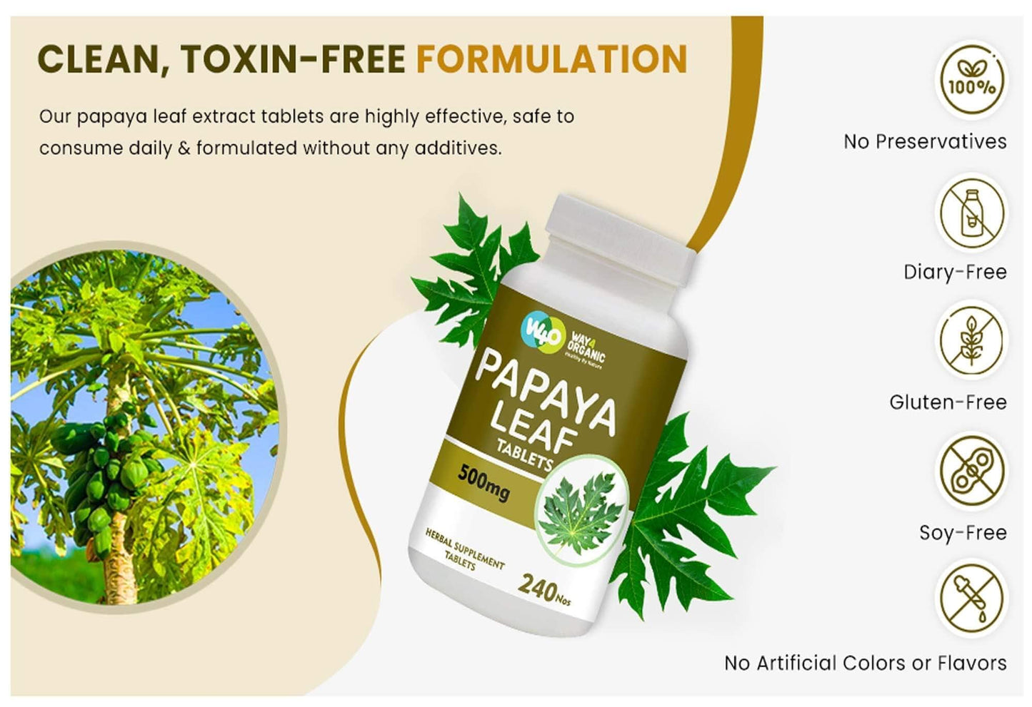 WAY 4 Organic W4O Papaya Leaf Extract Capsules (Tablets) 500 mg โ 240 Pills โ Supports Platelet Immunity & Digestion โ 60 Days Supply