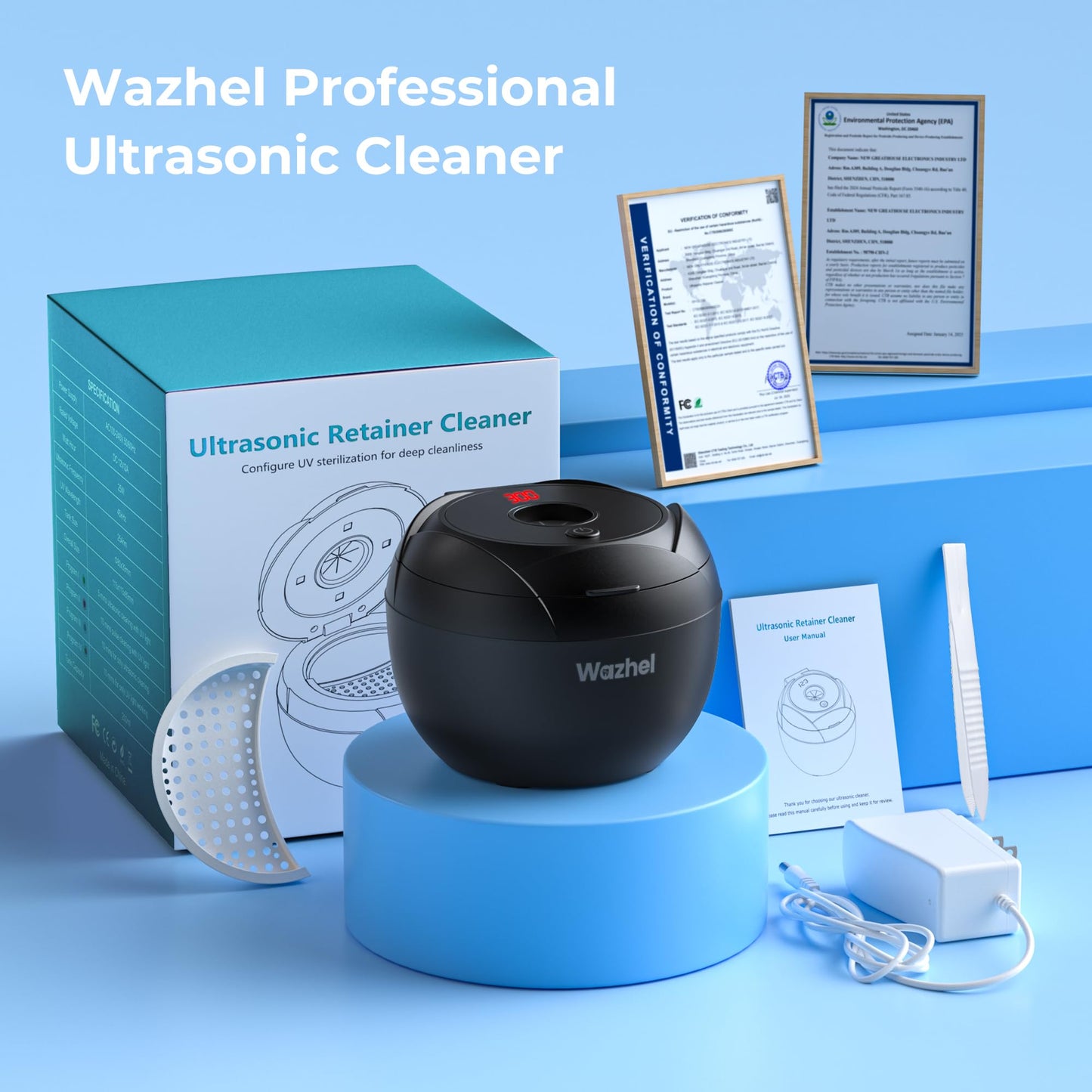 Wazhel Ultrasonic Retainer Cleaner Machine 45kHz 200ml Black β Dentures Mouth Guards Aligner Braces