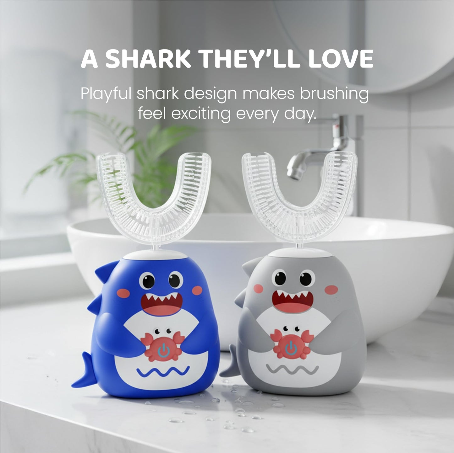 Well Before Ultrasonic Kid's U-Shaped Toothbrush โ IPX7, 5 Modes, Ages 2-7 (Shark Grey)