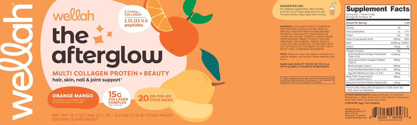 Wellah The Afterglow Multi Collagen Protein + Beauty โ Orange Mango, 20 Stickpacks
