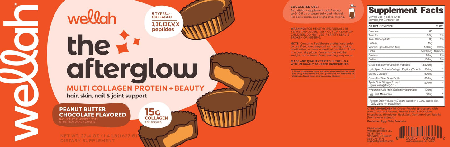 Wellah The Afterglow Multi Collagen Protein + Beauty โ Peanut Butter Chocolate (30 Servings)