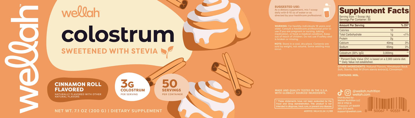 Wellah Colostrum Cinnamon Roll โ 50 Servings, 3g/Serving, Stevia-Sweetened
