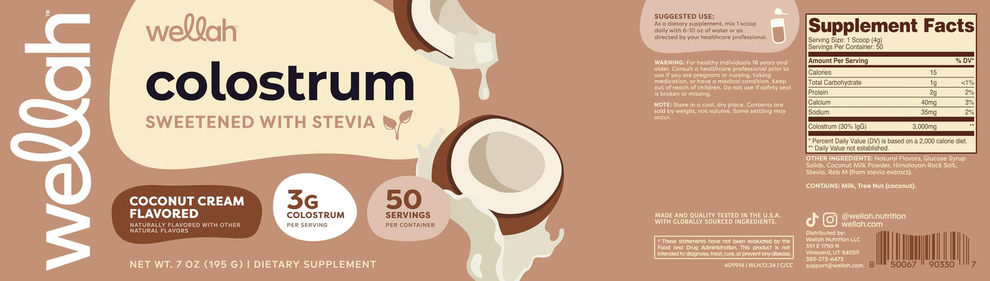 Wellah Colostrum Coconut Cream โ 50 Servings, 3g Per Serving, Stevia-Sweetened