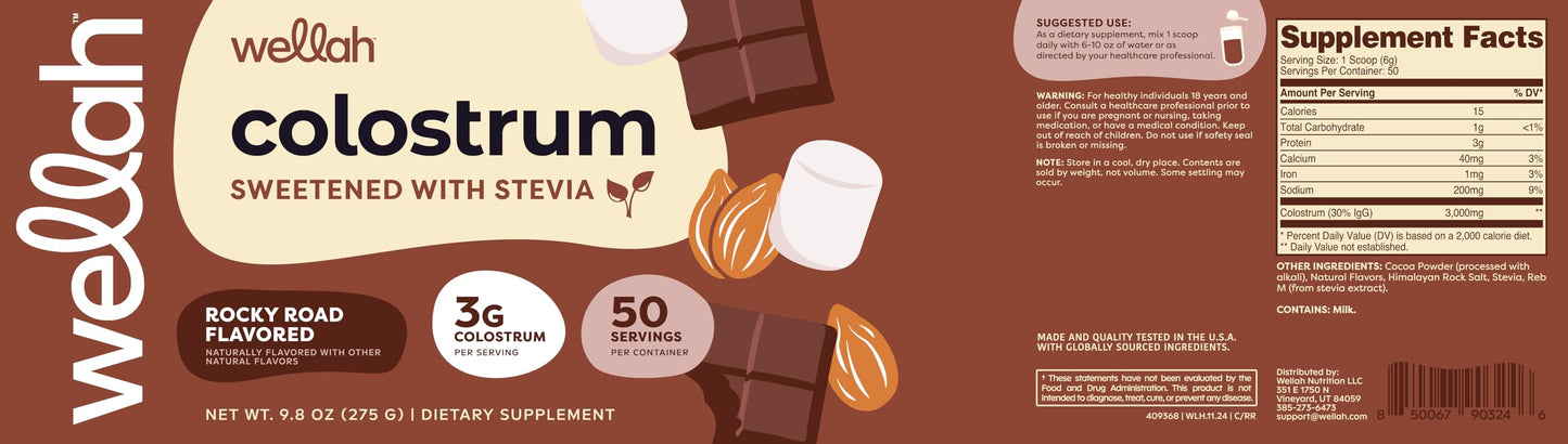 Wellah Colostrum Rocky Road Flavored (50 Servings) โ 3g Colostrum Per Serving, Stevia-Sweetened Dietary Supplement