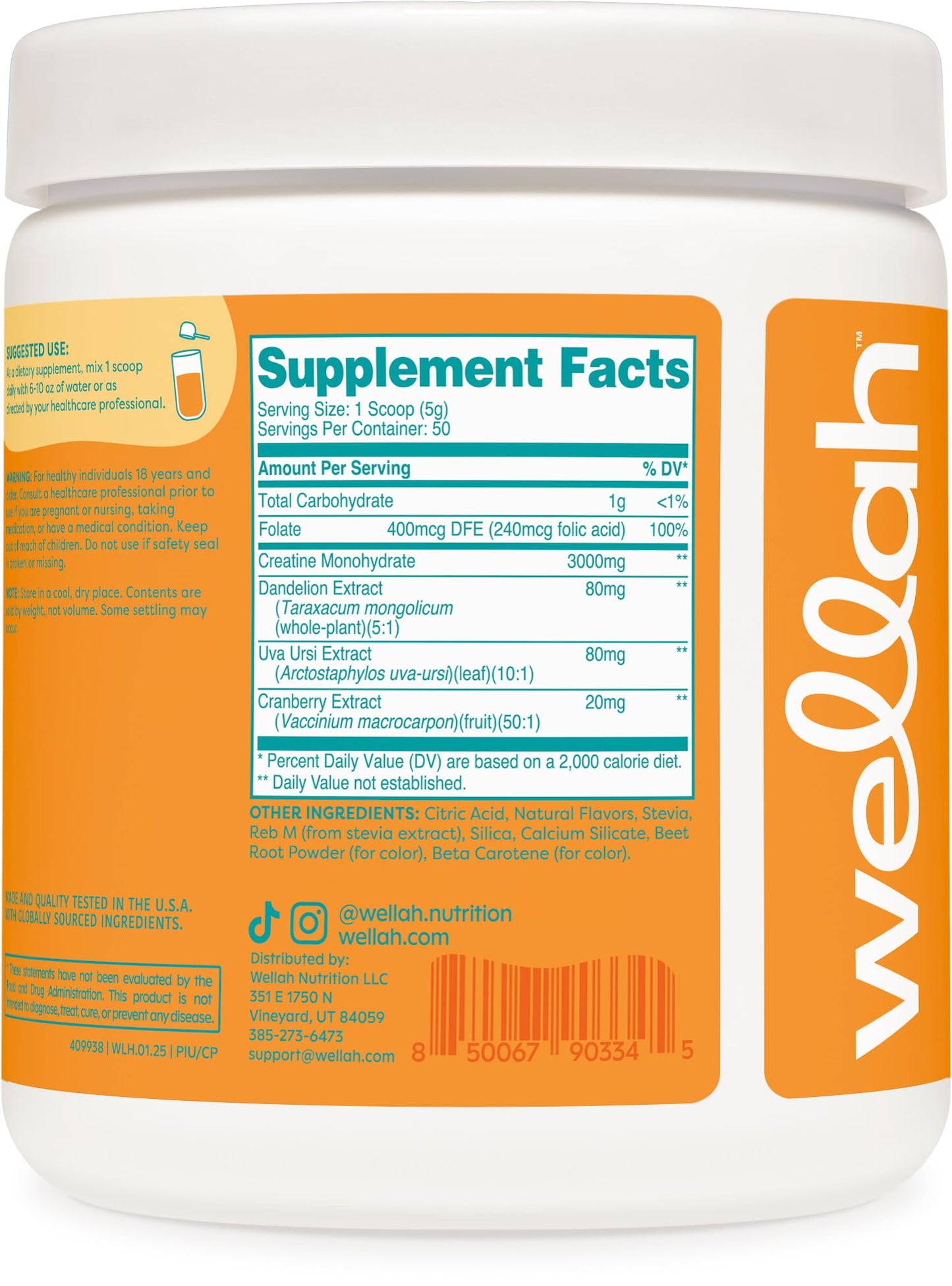 Wellah Creatine for Women โ 50 Servings Clementine Peach | Creatine Monohydrate with Dandelion & Cranberry Extract