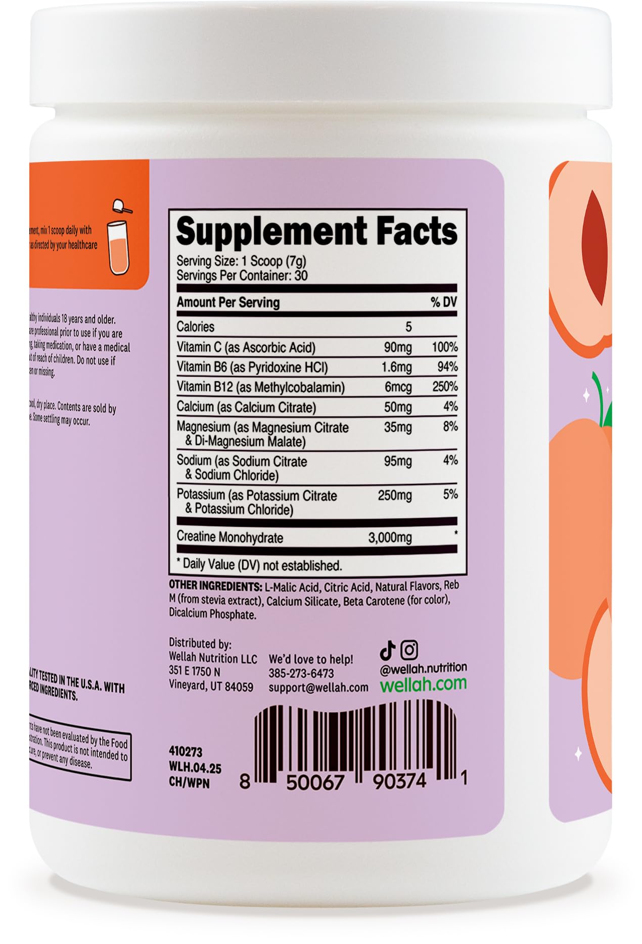 Wellah Creatine + Hydration Powder (White Peach Nectarine) 30 Servings โ Electrolyte Drink Mix with 3g Creatine Monohydrate