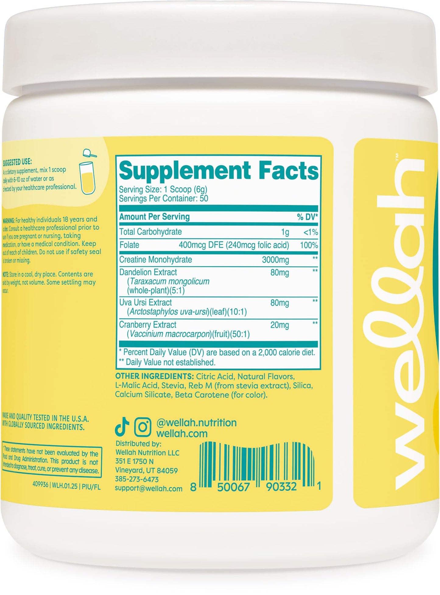 Wellah Creatine for Women โ 50 Servings, Frozen Lemonade | Creatine Monohydrate + Dandelion & Cranberry