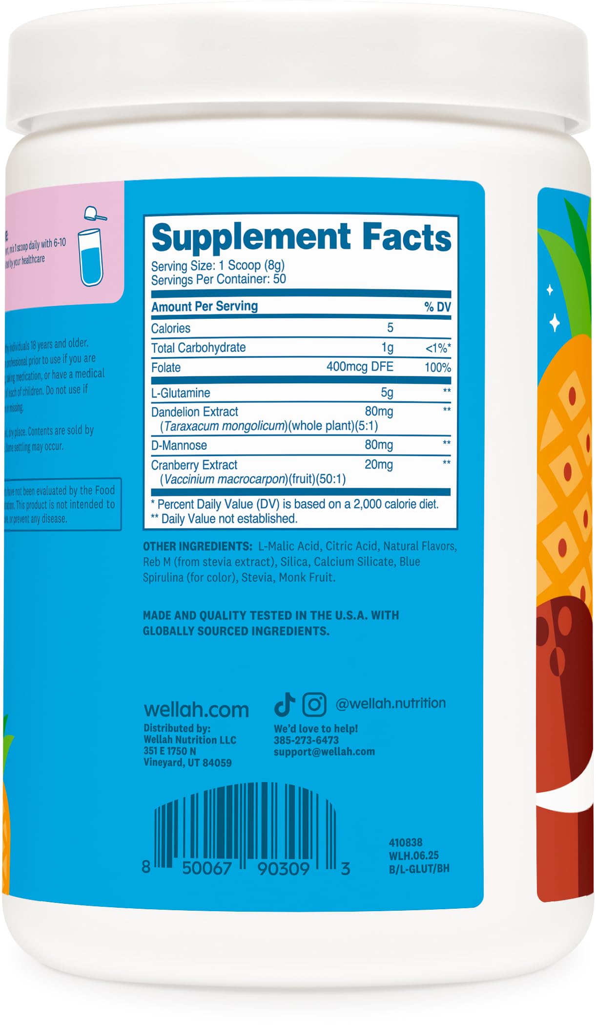 Wellah L-Glutamine Powder Blue Hawaii โ 50 Servings (5g/serving) | Stevia