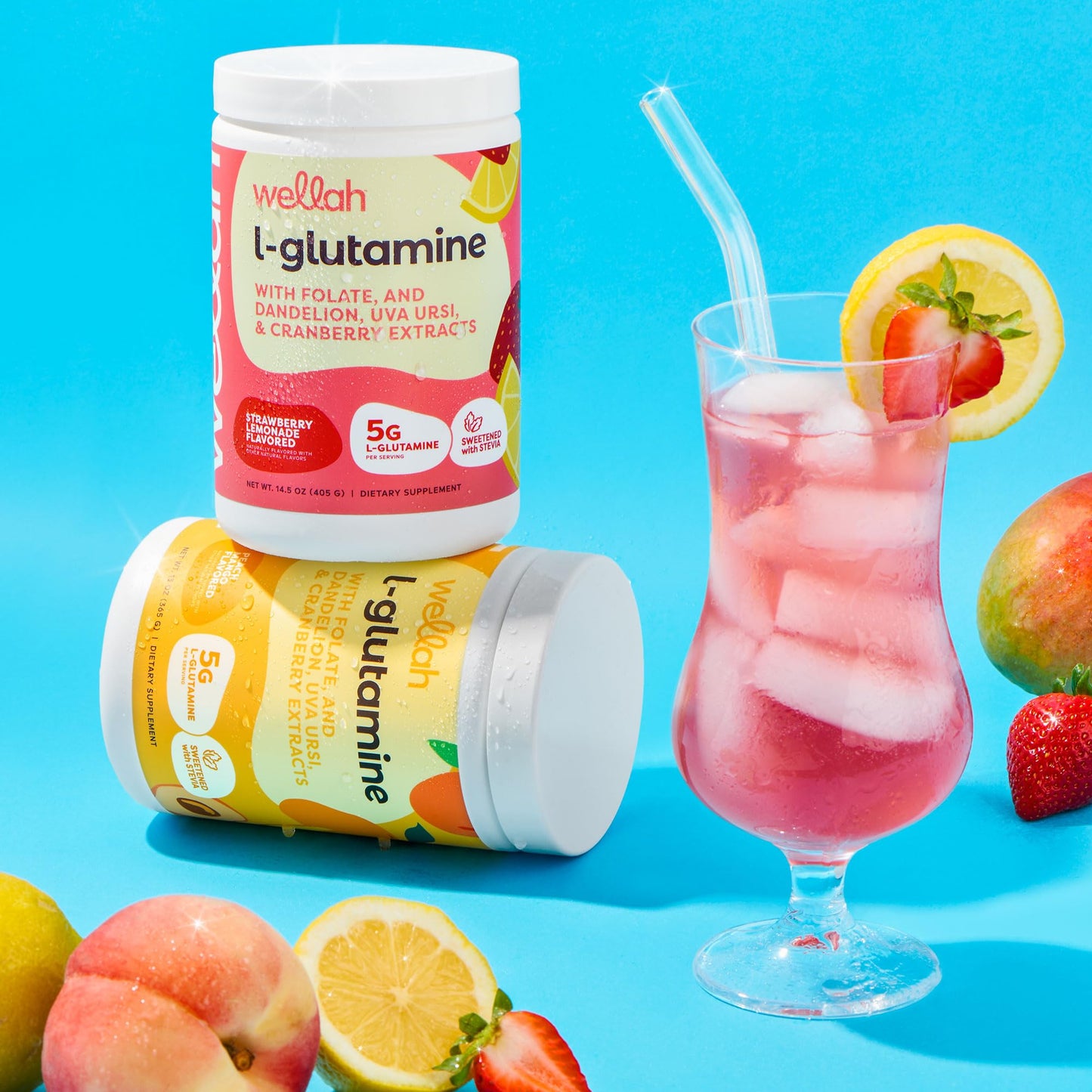 Wellah L-Glutamine Strawberry Lemonade โ 50 Servings | 5g per Serving | Stevia-Sweetened