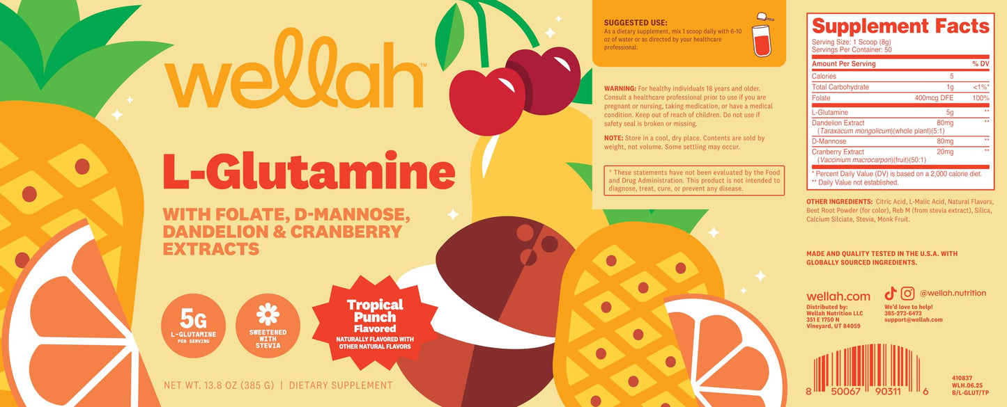 Wellah L-Glutamine Powder Tropical Punch โ 50 Servings | 5g per Serving, Stevia