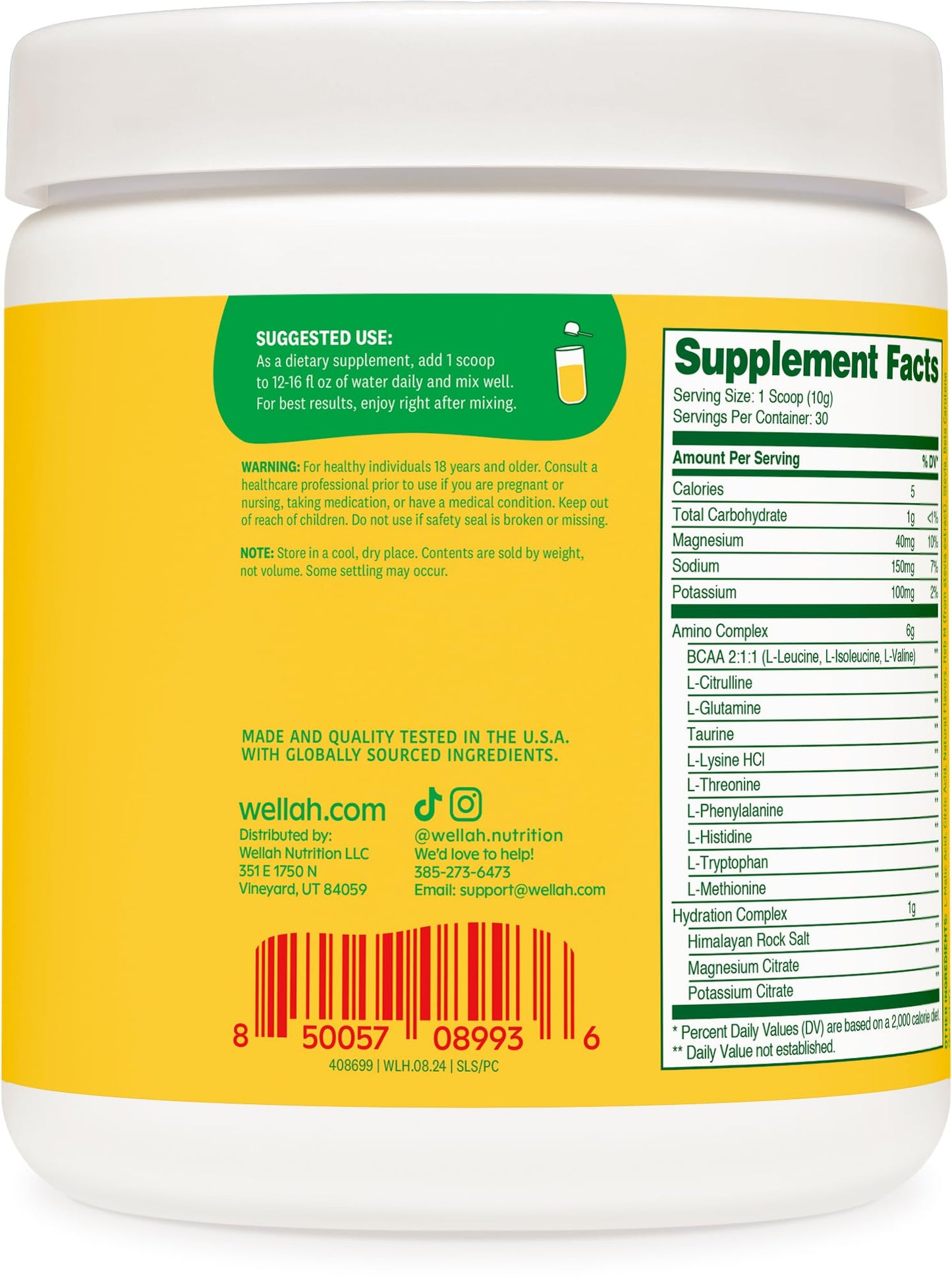 Wellah So Long Soreness BCAA Powder โ Pina Colada, 30 Servings (Hydration Complex)