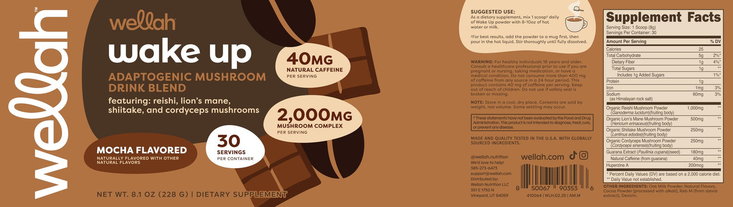 Wellah Wake Up Adaptogenic Mushroom Drink โ Mocha, 30 Servings, 40mg Caffeine, 2000mg Mushroom Complex
