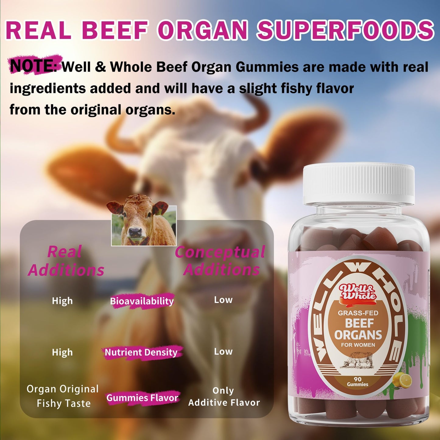Well&Whole Grass-Fed Beef Organ Gummies for Women โ Hormone Balance & Vitality (90 Gummies)