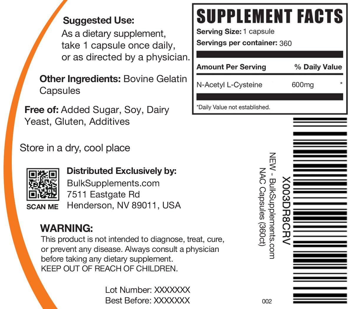 N-Acetyl L-Cysteine 600mg Capsules โ NAC Supplement, Gluten Free, 360 Count | BulkSupplements