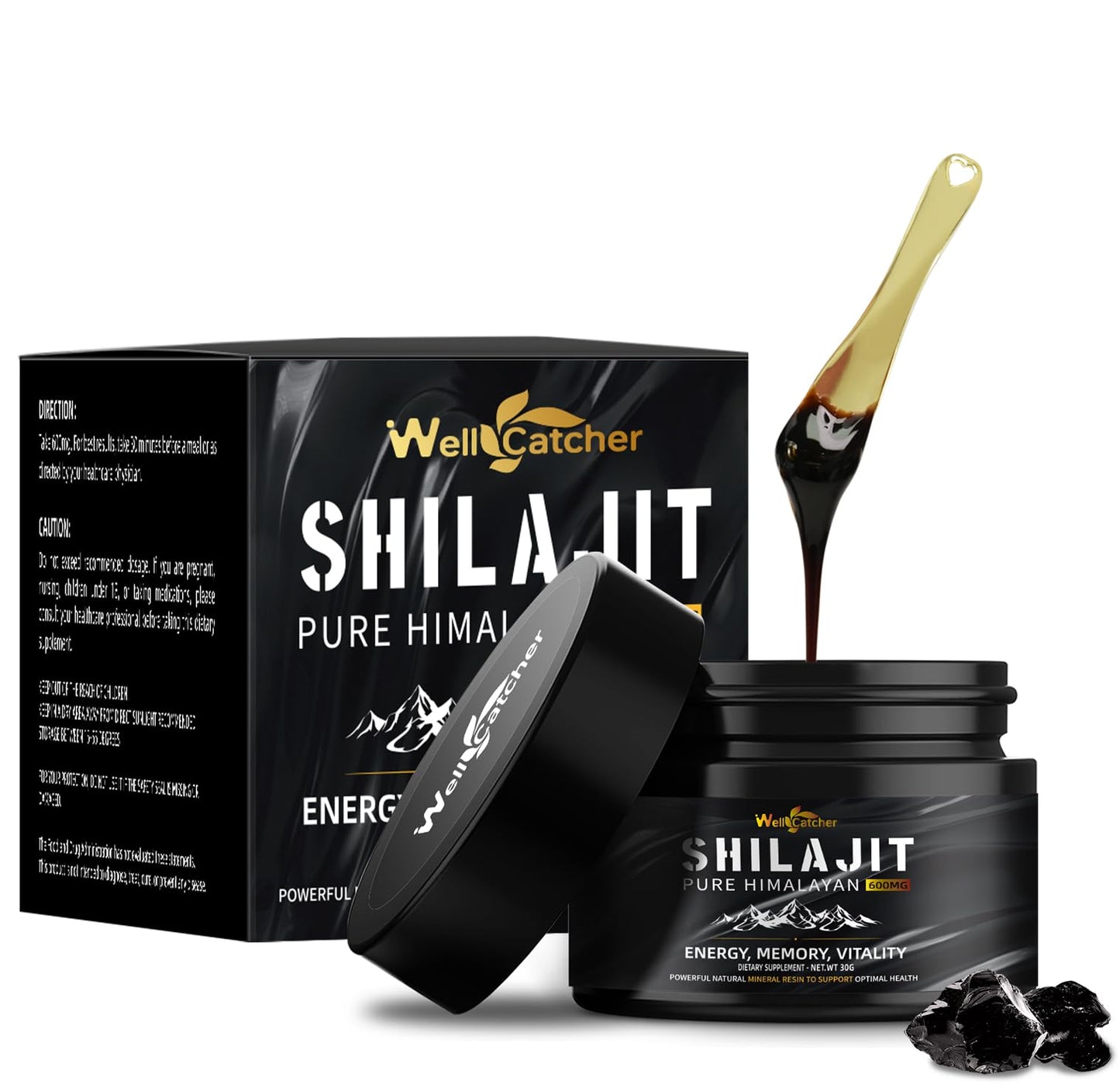Wellcatcher Pure Himalayan Shilajit Resin โ 600mg, 85+ Minerals, 75%+ Fulvic Acid, Energy & Immunity Support, 50 Servings