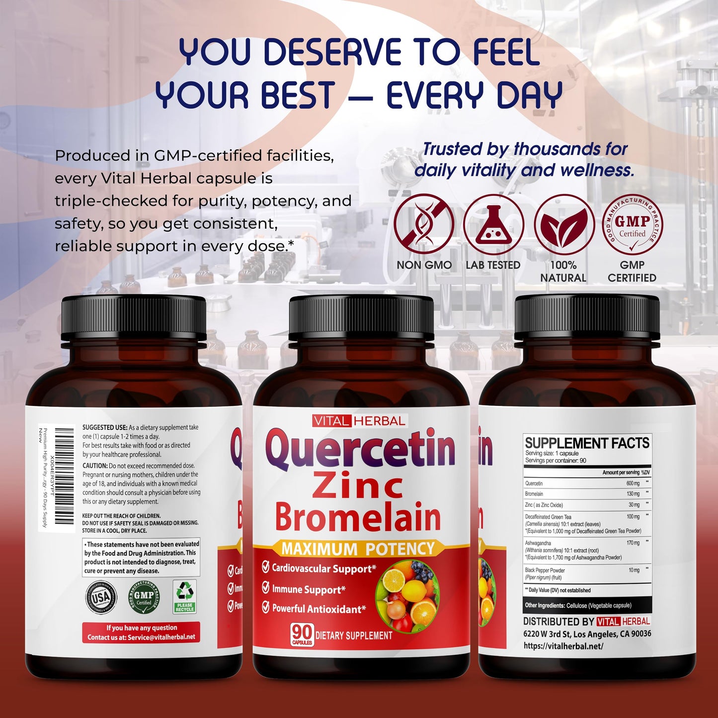 Premium Quercetin 98% with Bromelain, Green Tea & Ashwagandha โ 90-Capsule Bottle