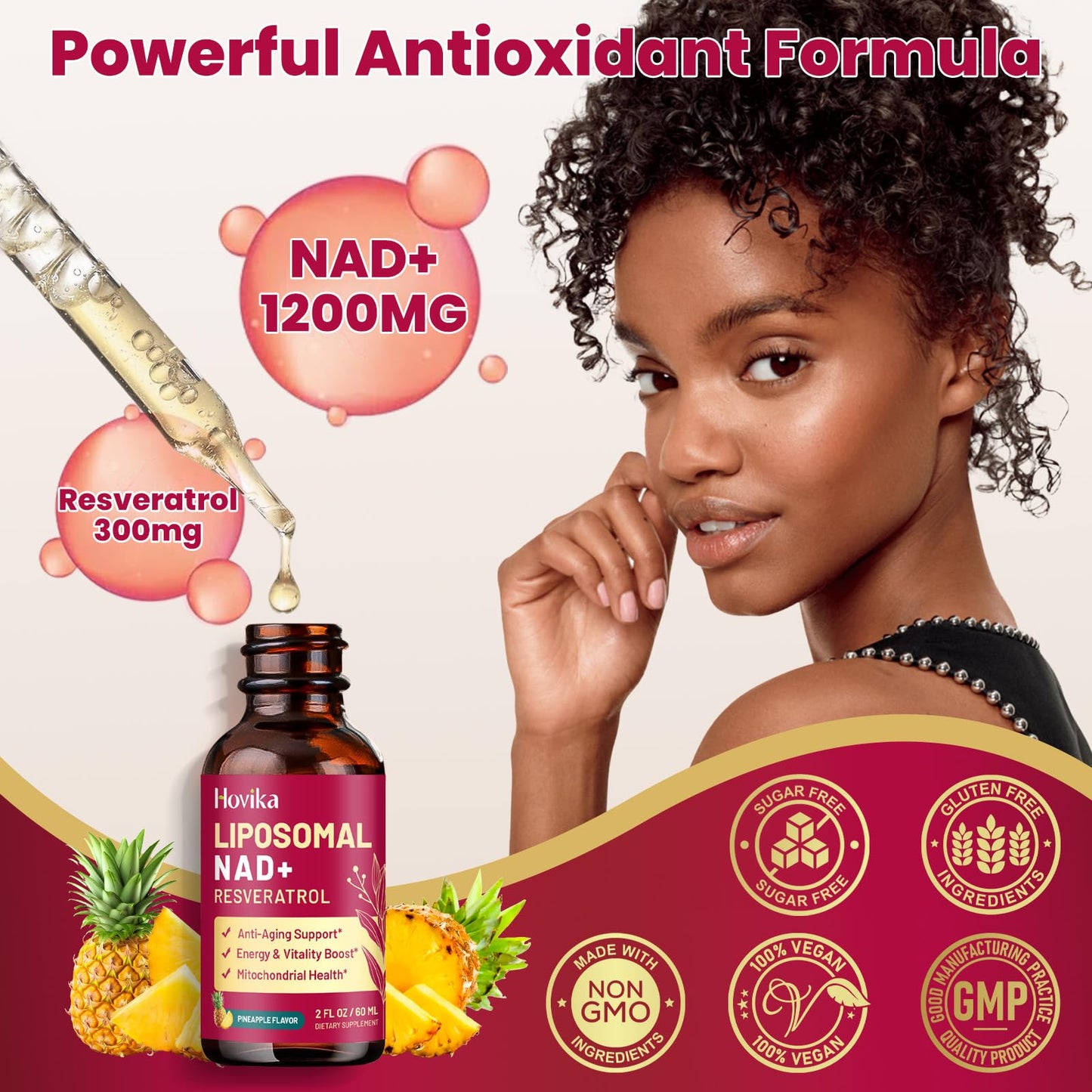 Liposomal NAD Supplement β 1200mg NAD+ Liquid Drops with Trans-Resveratrol & Black Pepper (Pineapple, 2 fl oz)