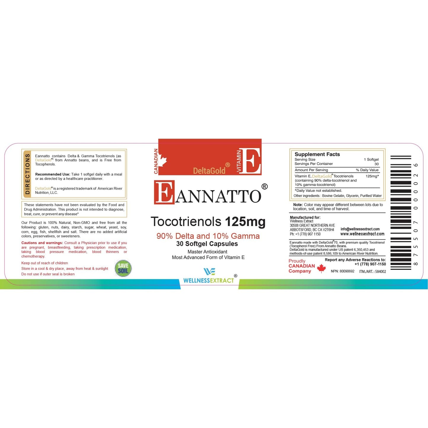 Wellness Extract Annatto Tocotrienols Vitamin E (125mg, 30 Softgels) โ Tocopherol Free