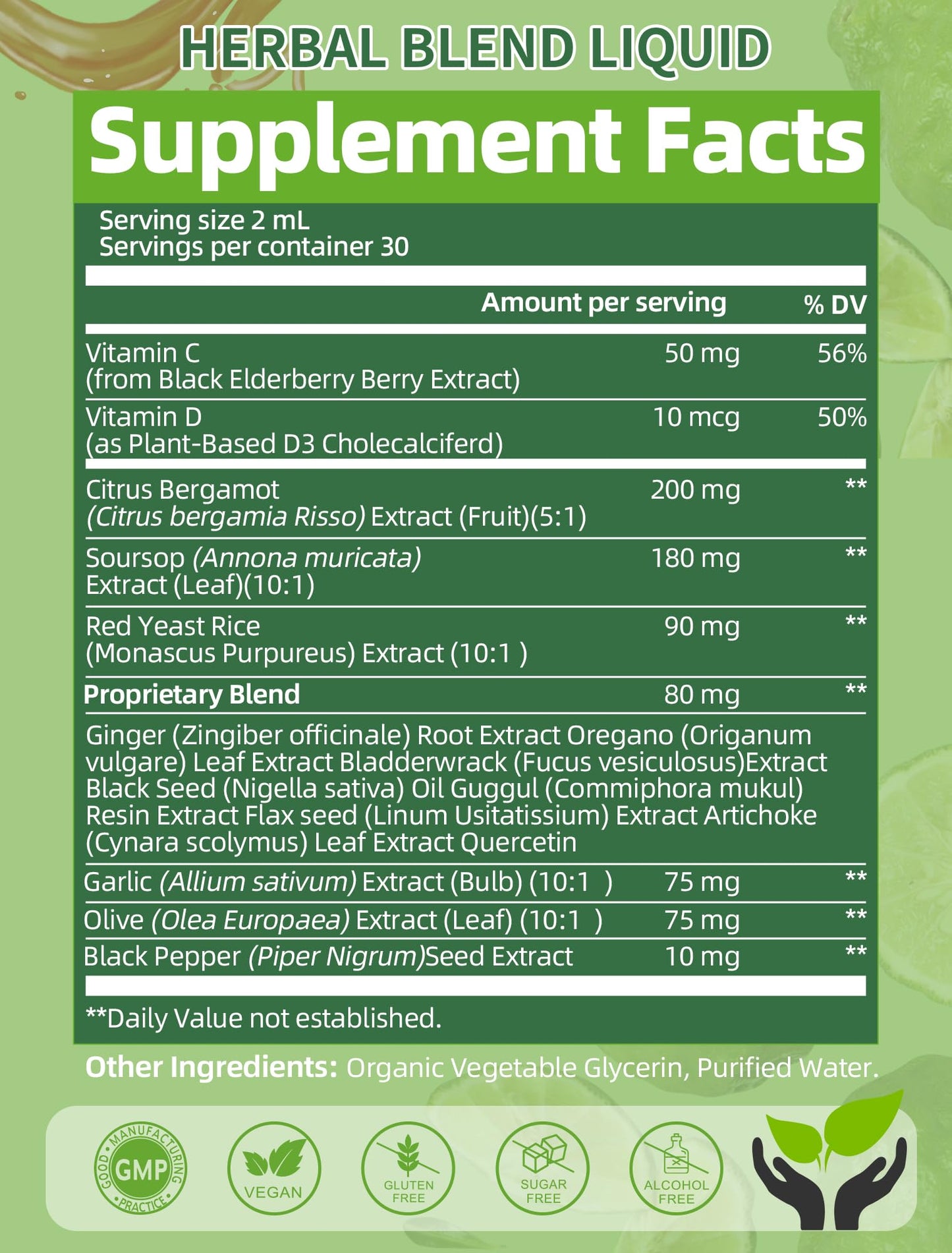 Citrus Bergamot Liquid Drops โ High Absorption (2 Fl Oz) with Soursop, Garlic, Olive Leaf & Red Yeast Rice