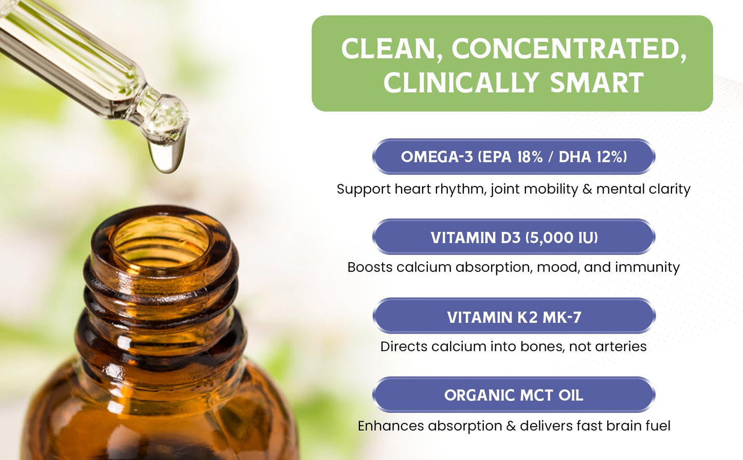 Wellness Wise Naturals Omega-3 + Vitamin D3 5000 IU with MK-7 K2 โ Heart & Bone Support (1 fl oz)