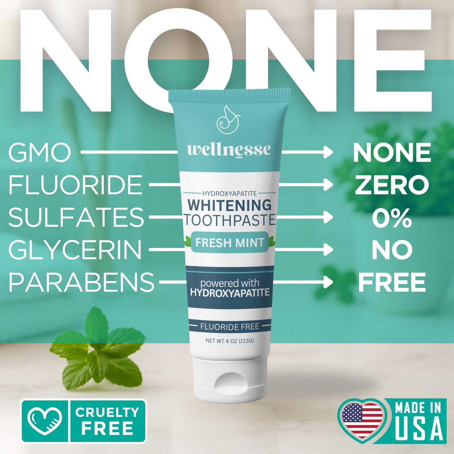 Wellnesse Whitening Hydroxyapatite Toothpaste โ Fluoride-Free, Mint, 4 oz