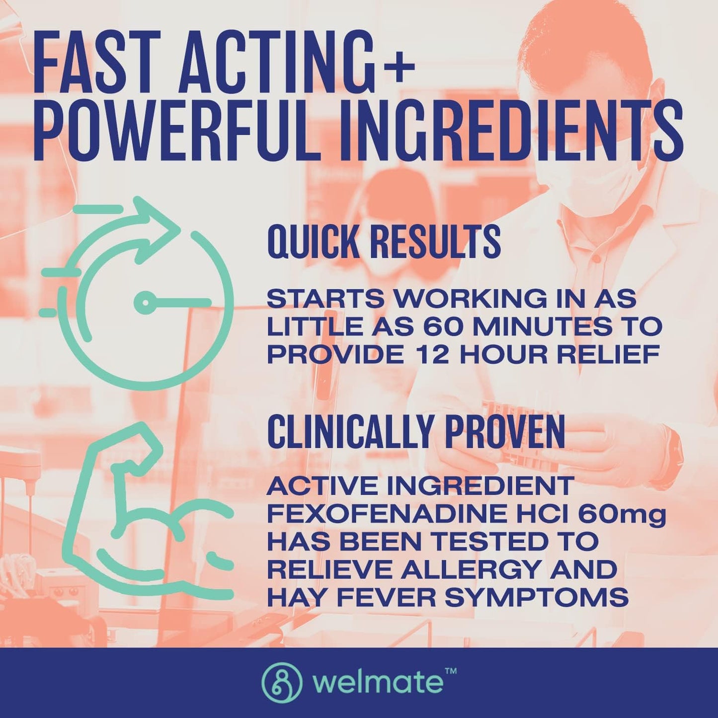 WELMATE Fexofenadine HCl 60mg โ 60 Tablets | Non-Drowsy Allergy Relief 12 Hours Gluten Free OTC