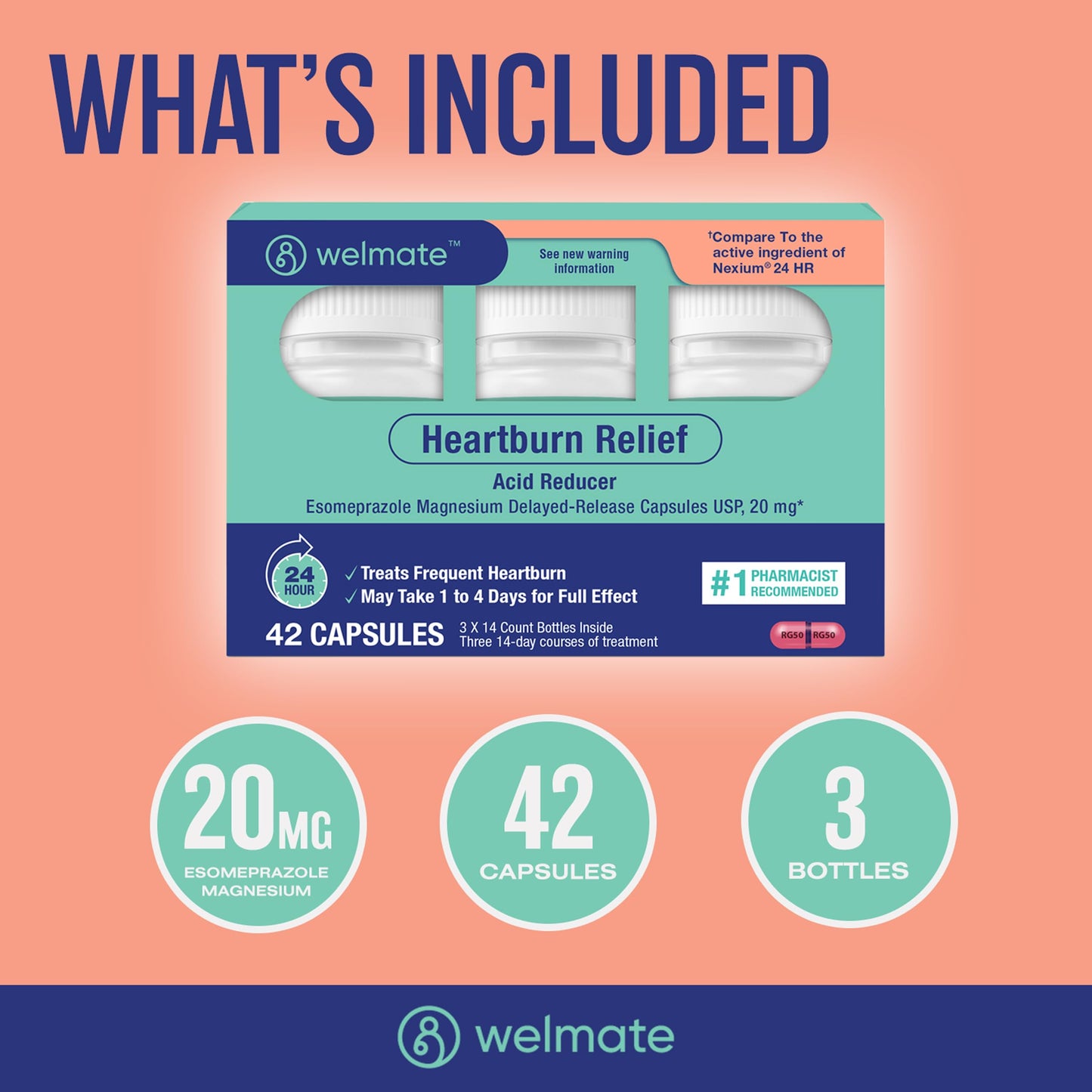 WELMATE Esomeprazole Magnesium 20mg β Heartburn Relief, 24-Hour Protection β 42 Capsules