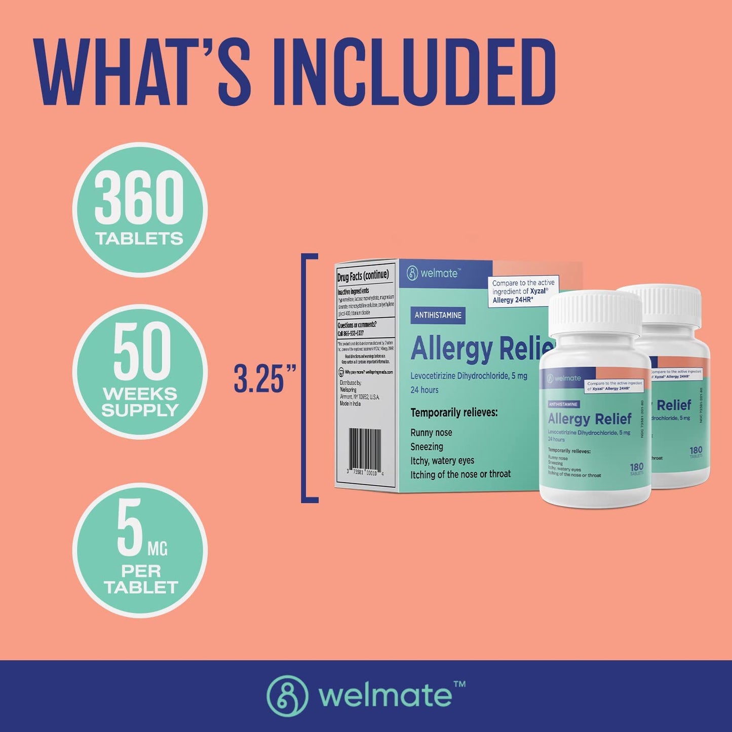 WELMATE Levocetirizine Dihydrochloride 5mg (360 ct) โ Non-Drowsy 24-Hour Allergy Relief | OTC Antihistamine