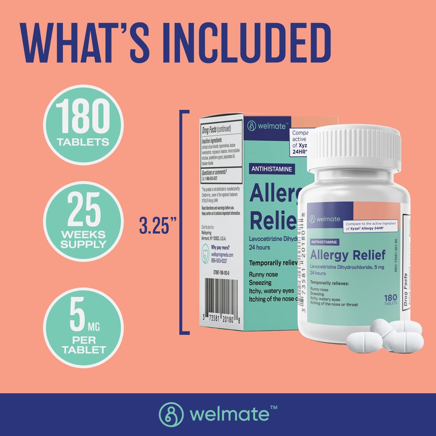 WELMATE Levocetirizine Dihydrochloride 5mg (180 ct) โ Non-Drowsy 24-Hour Allergy Relief | OTC Antihistamine