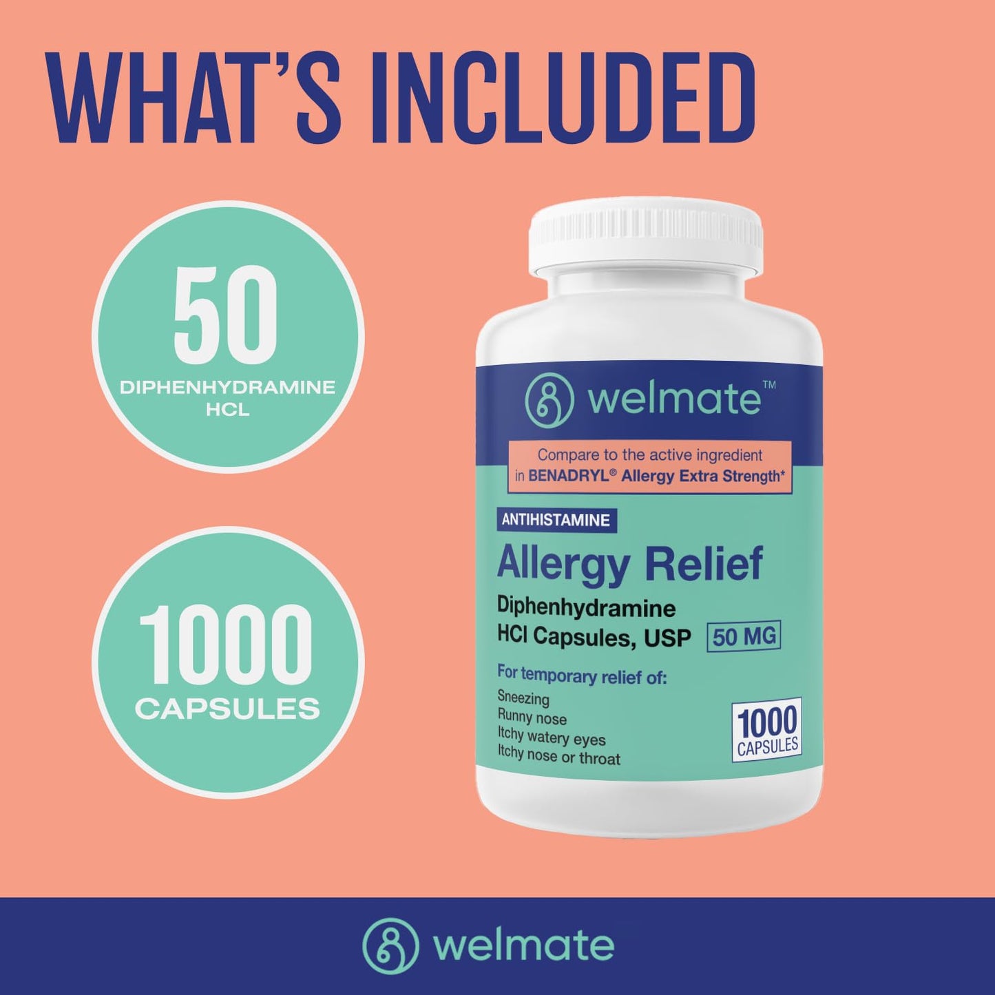 WELMATE Allergy Relief Diphenhydramine 50 mg β 1000 Count Capsules | Antihistamine for Sneezing, Runny Nose & Itchy Eyes