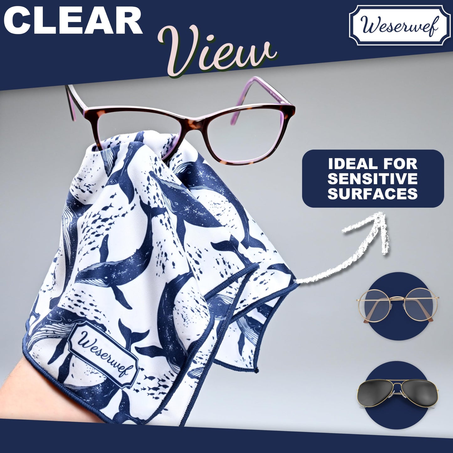 WESERWEF Design Microfiber Glasses Cleaning Cloth โ 12 x 12 in Ultra-Soft & Scratch-Free (Whales)