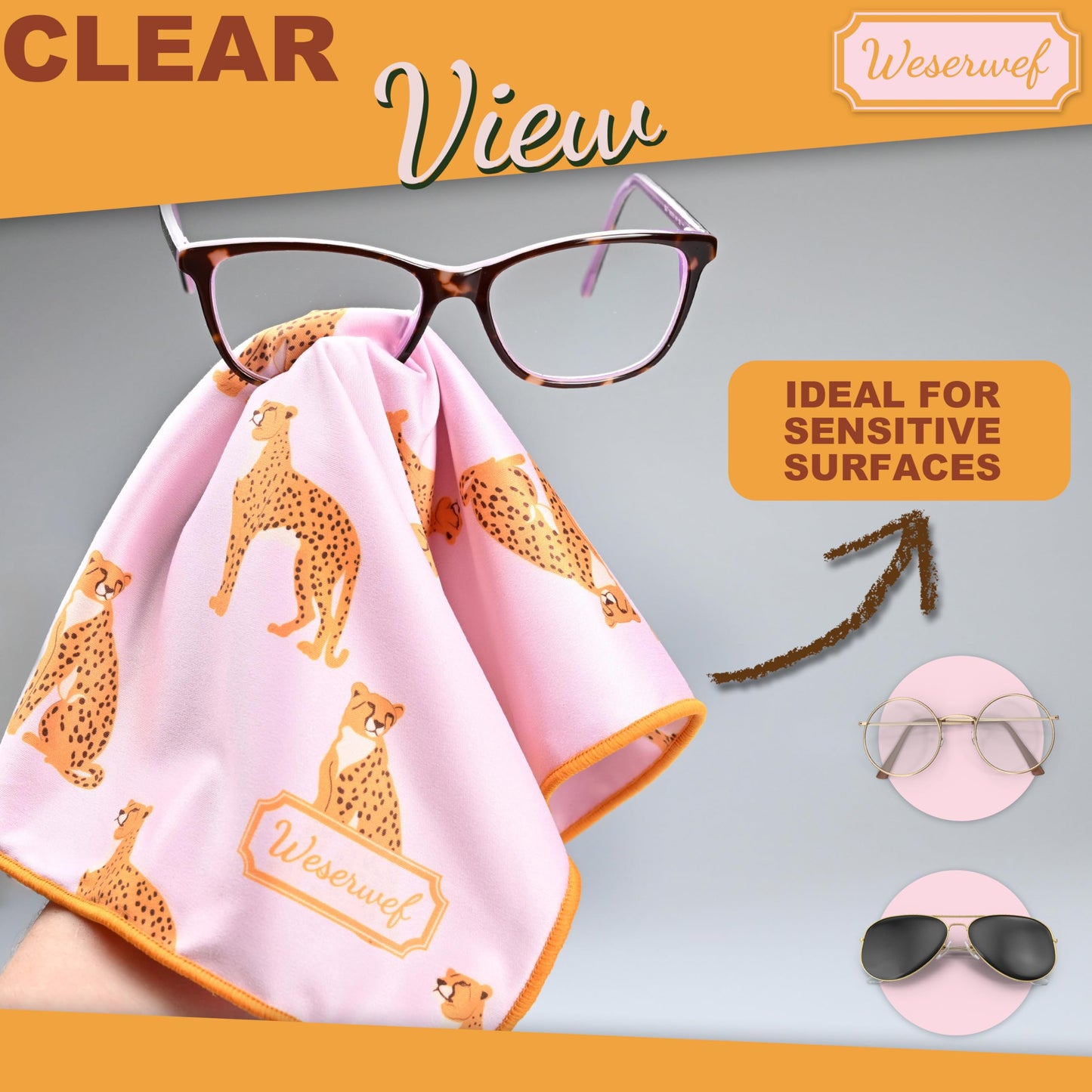 WESERWEF Design Microfiber Glasses Cleaning Cloth โ 12x12 in | Ultra-Soft, Scratch-Free | Eyeglasses, Screens & Lenses | Leo Pink