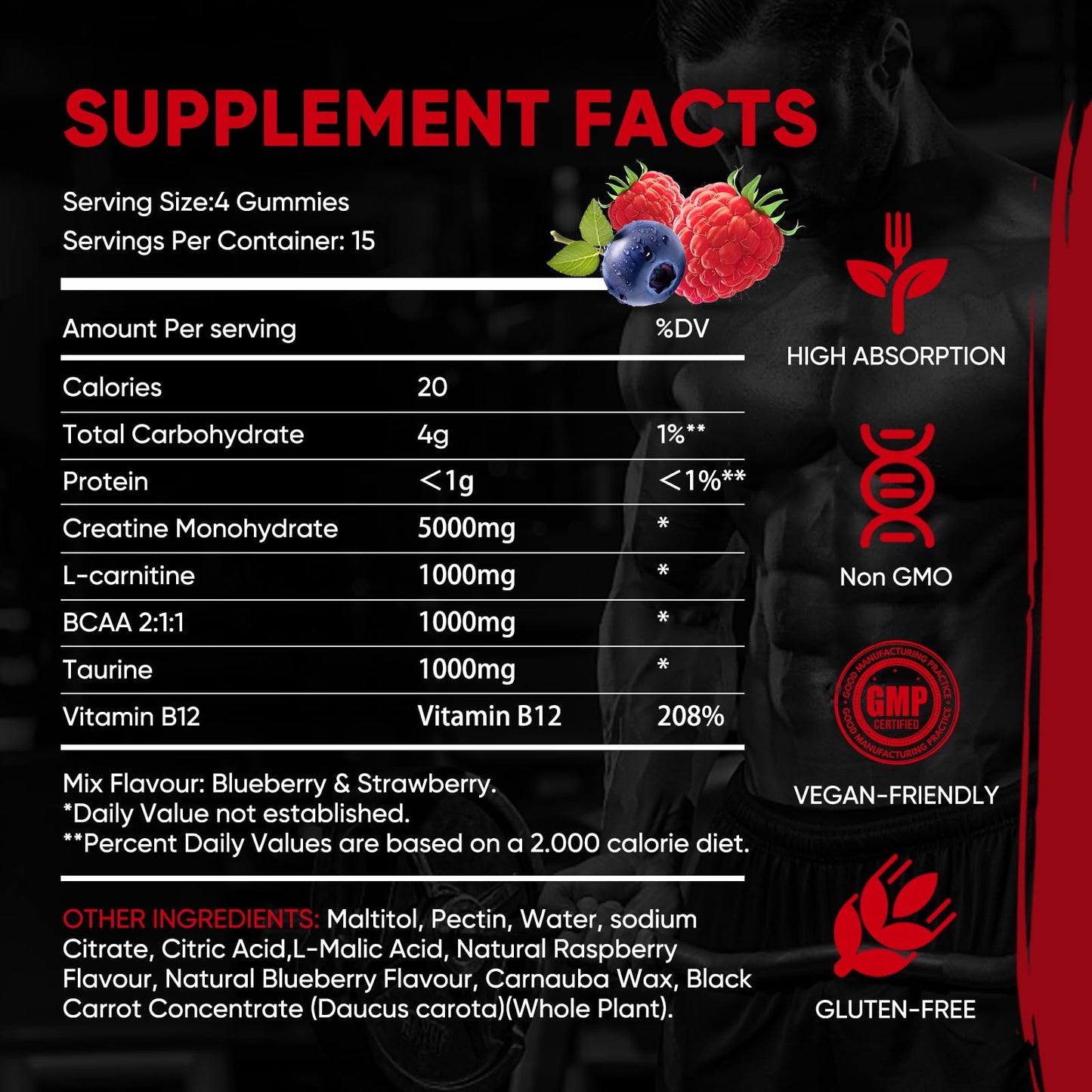 WEVYHFS Sports Creatine Gummies 60 Chews โ Sugar-Free Vegan, BCAA, L-Carnitine, Taurine & B12