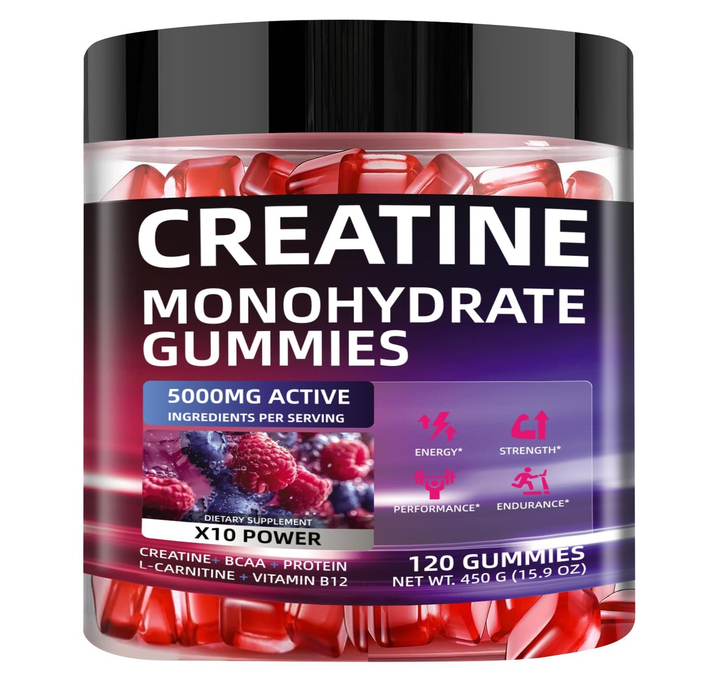 WEVYHFS SPORTS Creatine Monohydrate Gummies 5000mg โ Sugar-Free Vegan w/ BCAA, L-Carnitine, Taurine & Vitamin B12 (60 Chews)