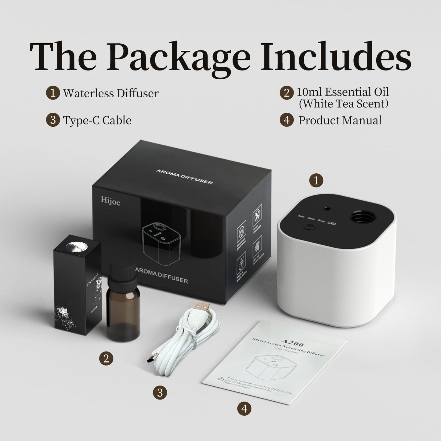 Waterless Portable Essential Oil Diffuser โ Battery-Operated Mini Diffuser with 3 Mist Modes, 10ml Oil Included (White)