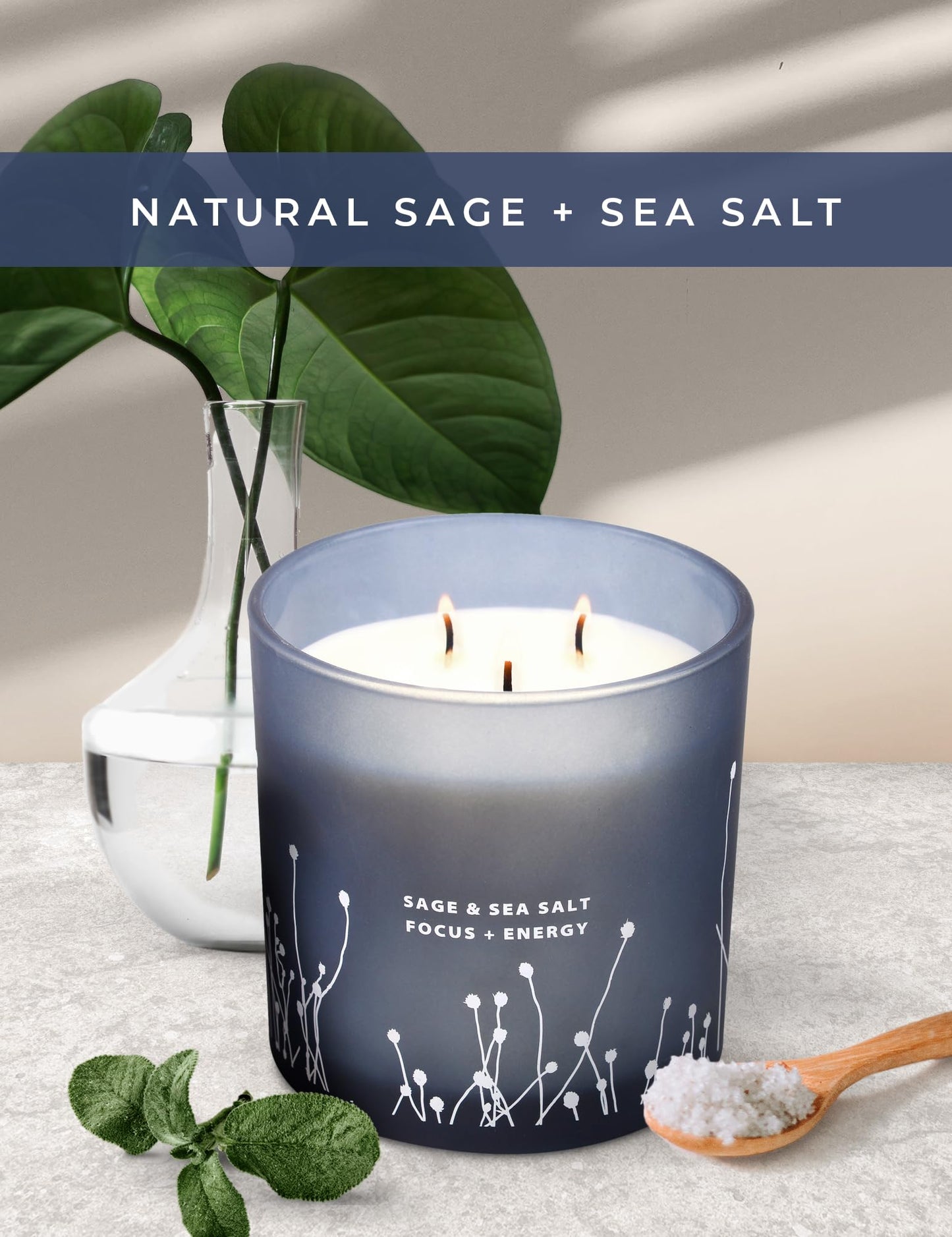 White Sage Sea Salt 3 Wick Candle โ 14.5 oz Soy Candle for Cleansing & Aromatherapy