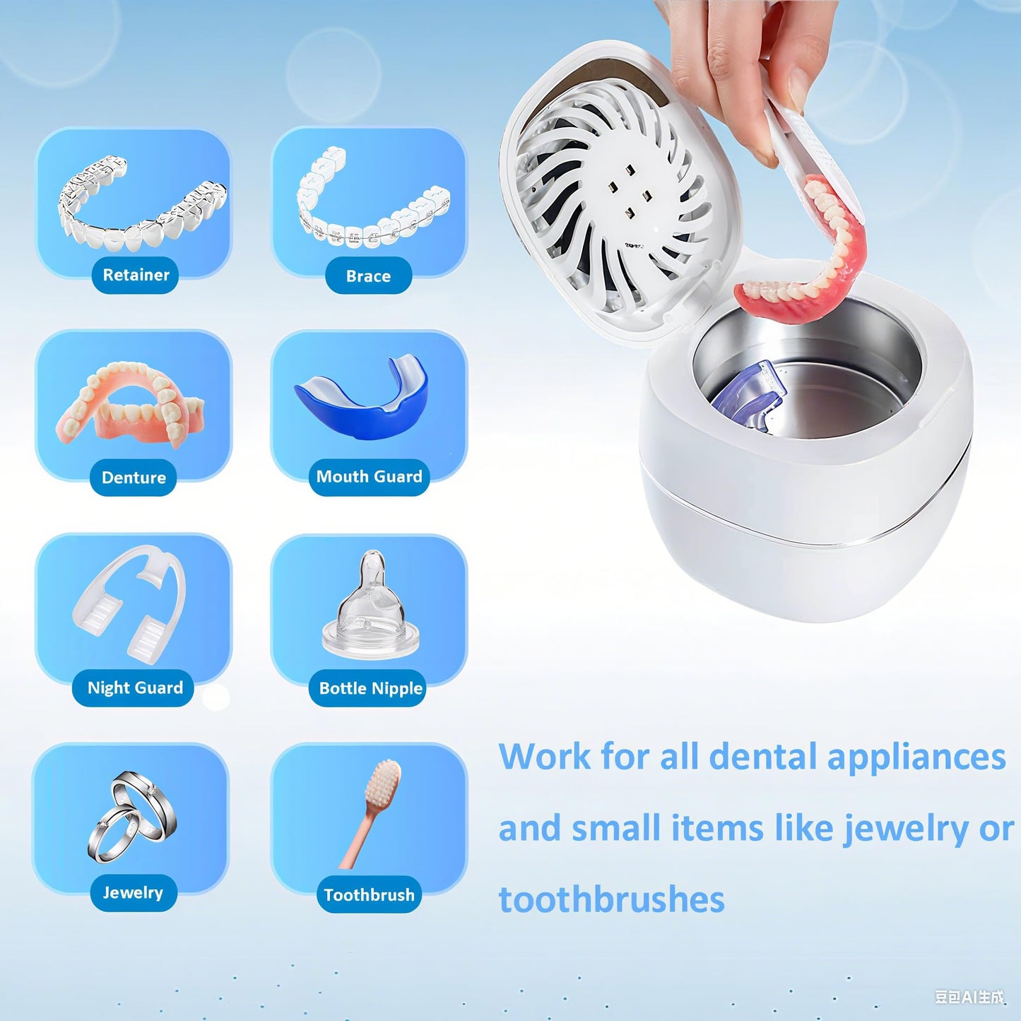 2025 Upgraded Ultrasonic Retainer Cleaner with Dryer Fan โ 45kHz UV Cleaning Pod (White) | Dentures, Aligners & Jewelry