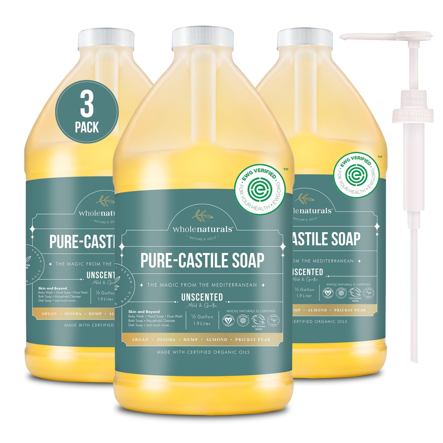 WHOLENATURALS Pure Castile Soap Liquid โ EWG Verified, Palm Oil Free, Unscented & Vegan 3-Pack