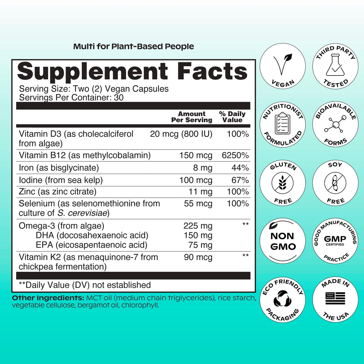 Wholier Plant Based Multivitamin β Vegan Omega-3 DHA/EPA, D3, B12, Zinc, K2, Iron, Iodine, Selenium | 60 Count Glass Bottle