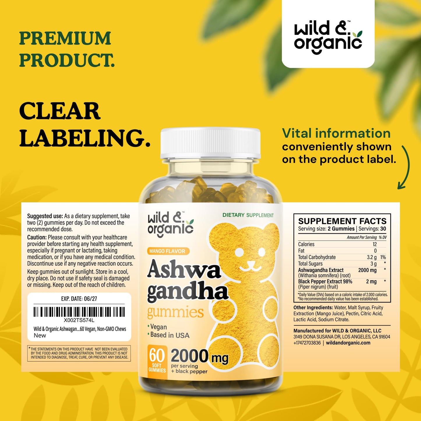 Wild & Organic Ashwagandha Gummies 2000mg β Mood Support Supplement (Pack of 2, 60 Vegan Chews)