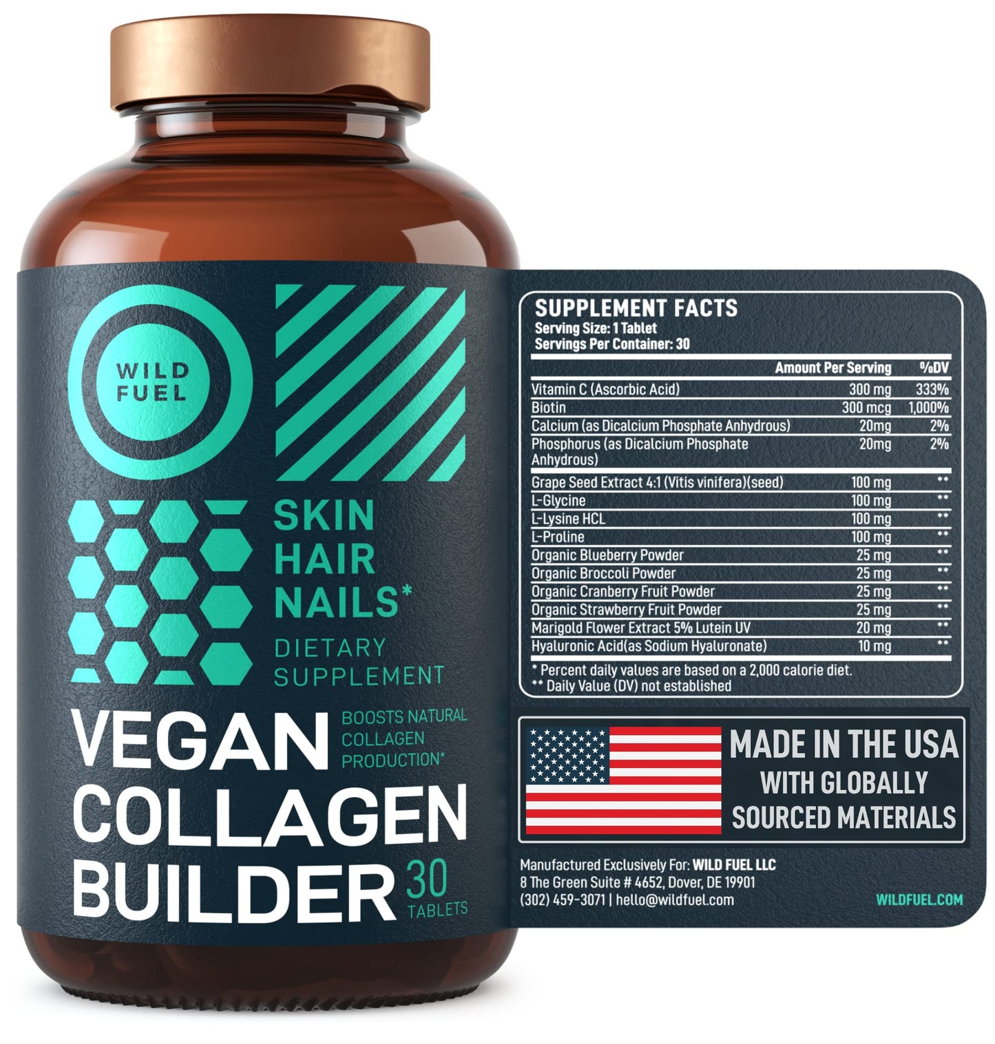 WILD FUEL Vegan Collagen Builder โ Plant-Based Booster with Biotin (30 Tablets)