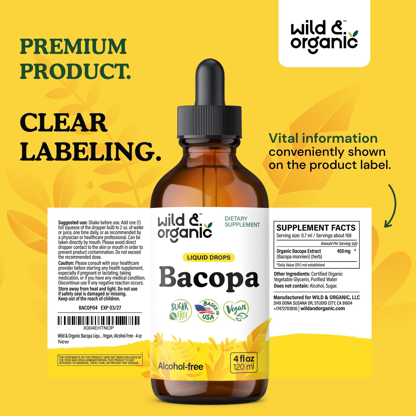 Wild & Organic Bacopa Liquid Drops โ Brain Support Tincture, 4 fl oz, 5-Month Supply, Vegan, Sugar & Alcohol-Free