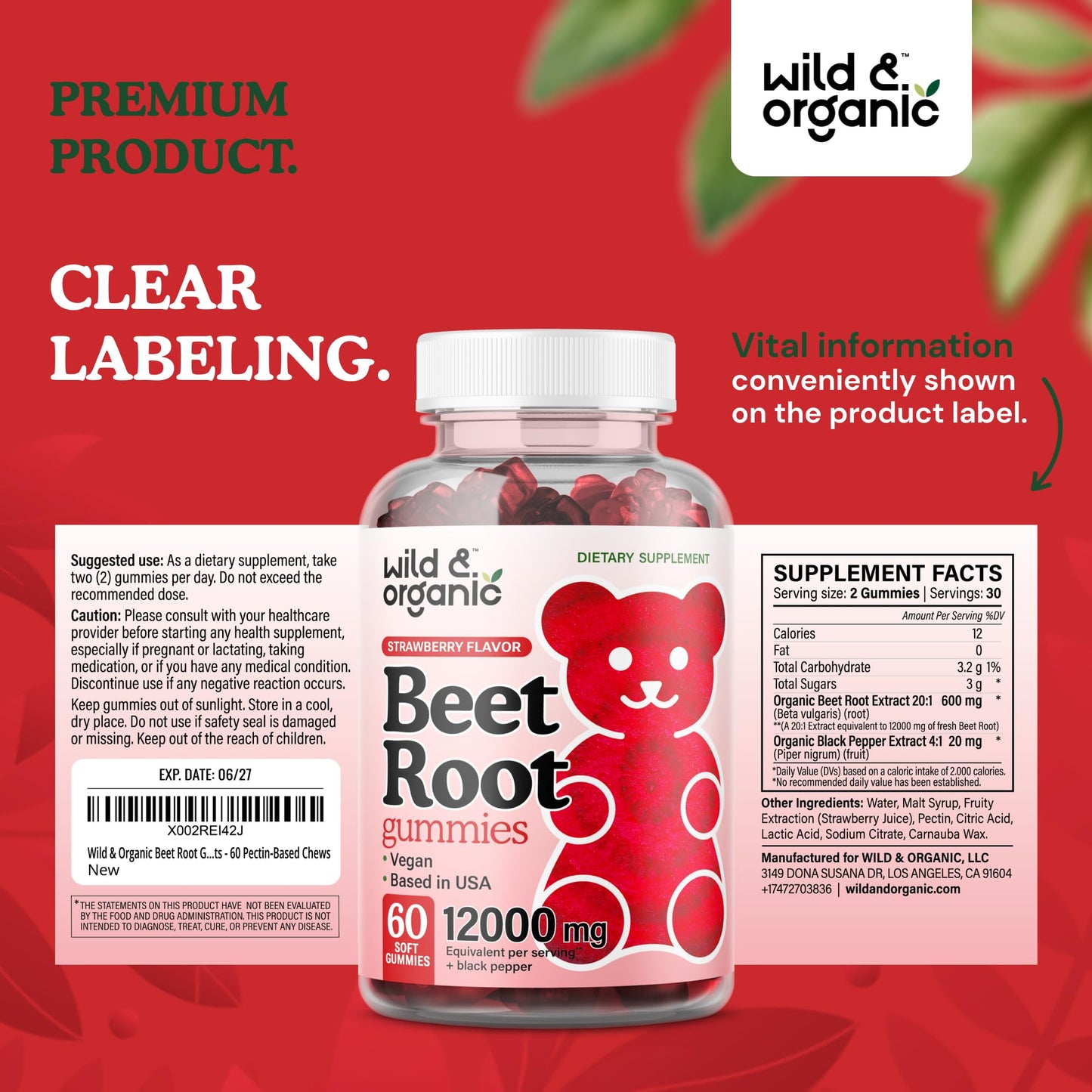 Wild & Organic Beet Root Gummies 12000 mg โ 60-Count Pectin-Based Chews (Pack of 2)
