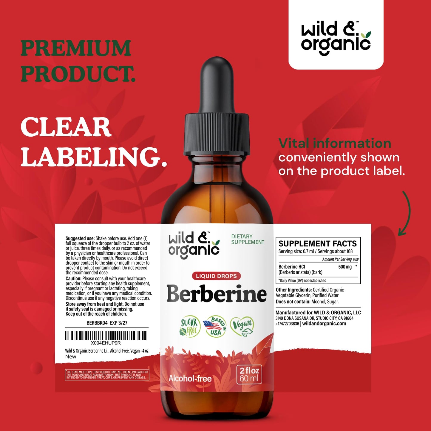 Wild & Organic Berberine Liquid Drops โ 500mg Berberine Supplement HCL โ Vegan, Alcohol-Free & Sugar-Free โ 2 fl oz