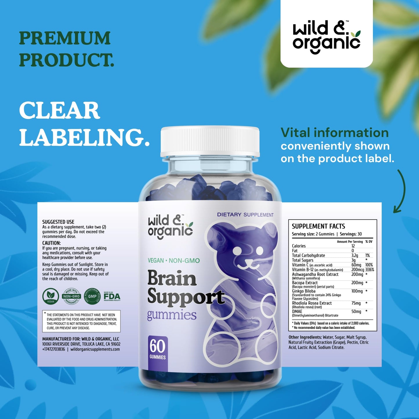 Wild & Organic Brain Support Gummies โ Focus & Clarity with Ashwagandha, B12, Ginkgo, Bacopa โ Vegan Gummies (Pack of 2) | 60 Gummies