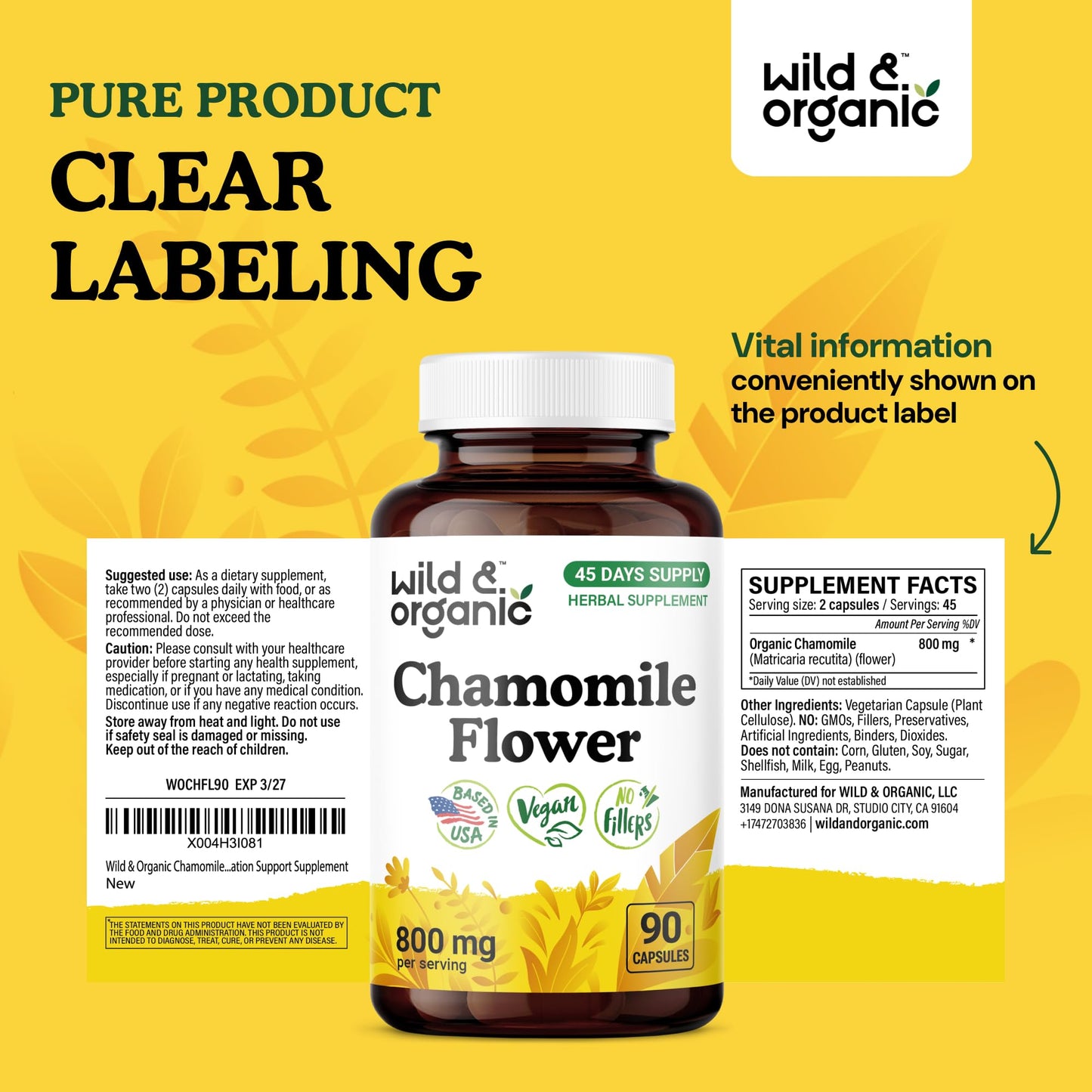 Wild & Organic Chamomile Capsules 800 mg โ Relaxation & Digestive Support (90 Count)