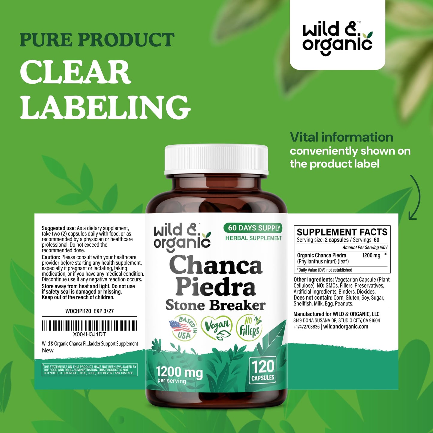 Wild & Organic Chanca Piedra 1200 mg Capsules โ Kidney & Gallbladder Support