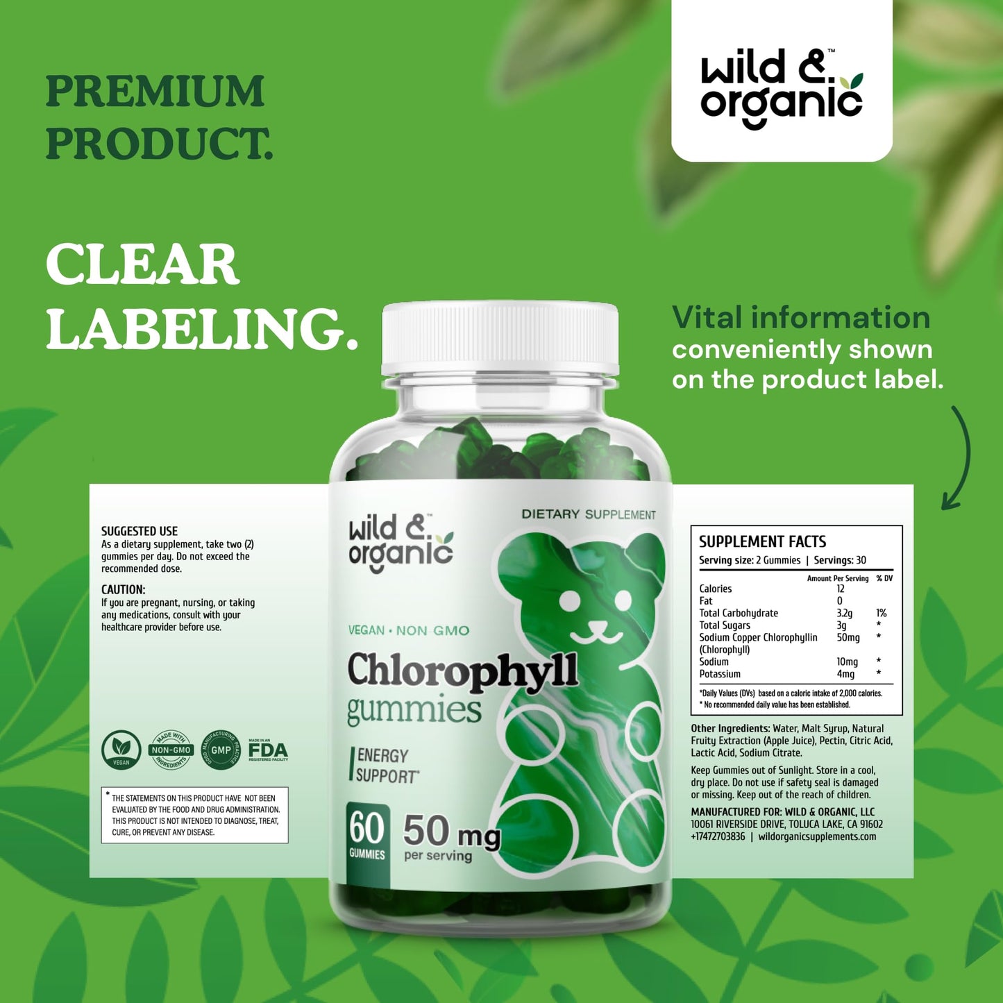 Wild & Organic Chlorophyll Gummies 50mg โ Detox Cleanse, Vegan & Non-GMO | 60 Chews