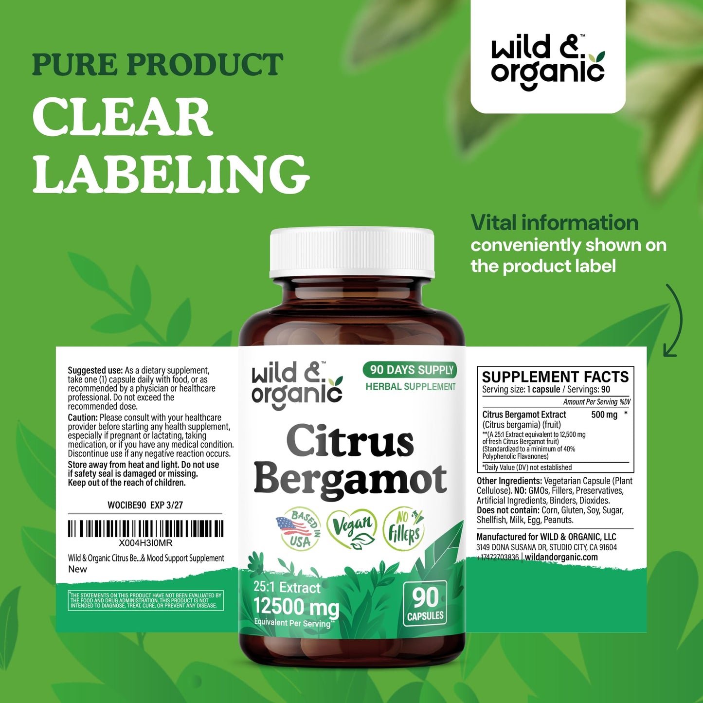 Wild & Organic Citrus Bergamot Capsules 500 mg โ Antioxidant & Overall Support | Vegan, Non-GMO | 90 Count