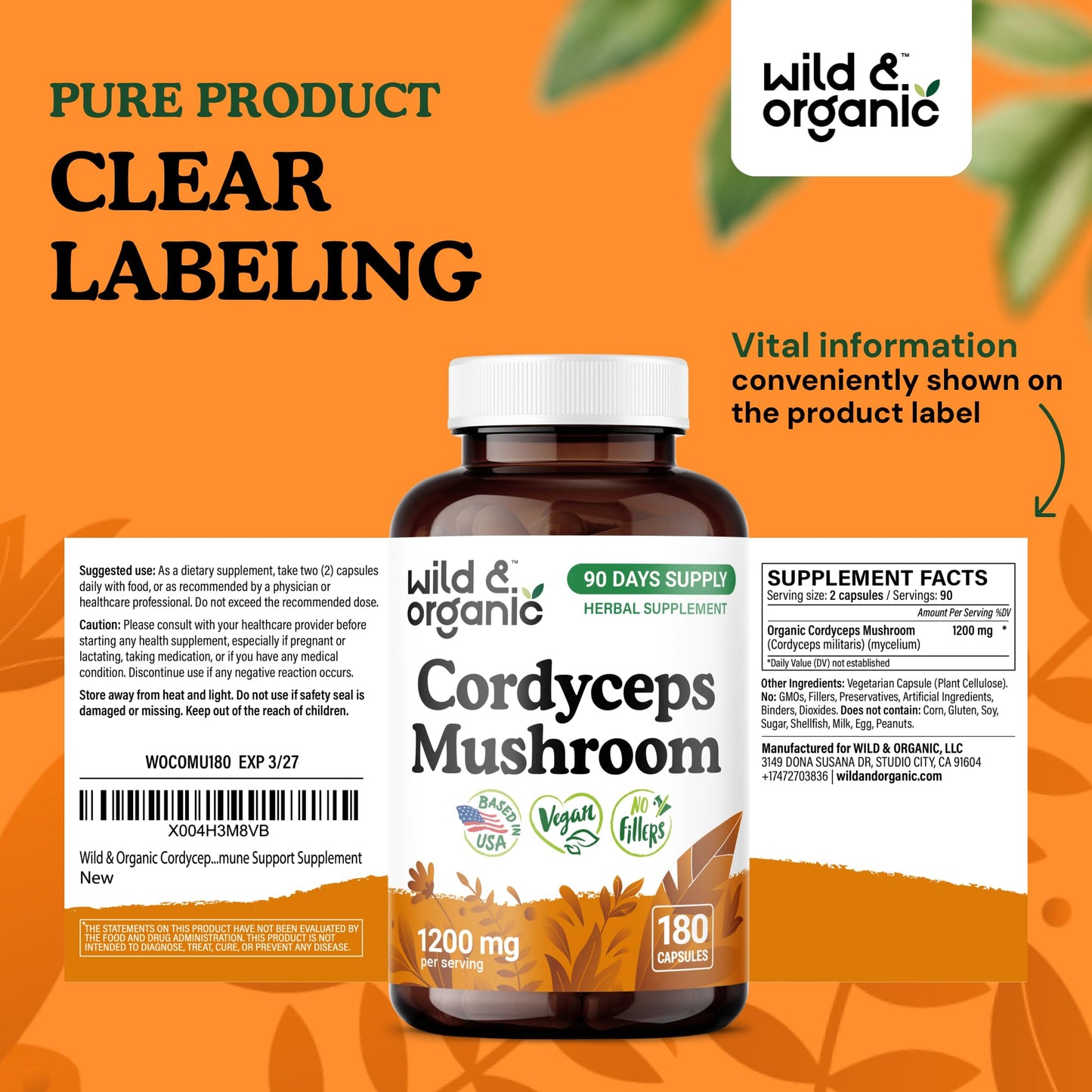 Wild & Organic Cordyceps Capsules 1200 mg โ Immune Support, Pure Mycelium Extract, Vegan, Non-GMO | 180 Count